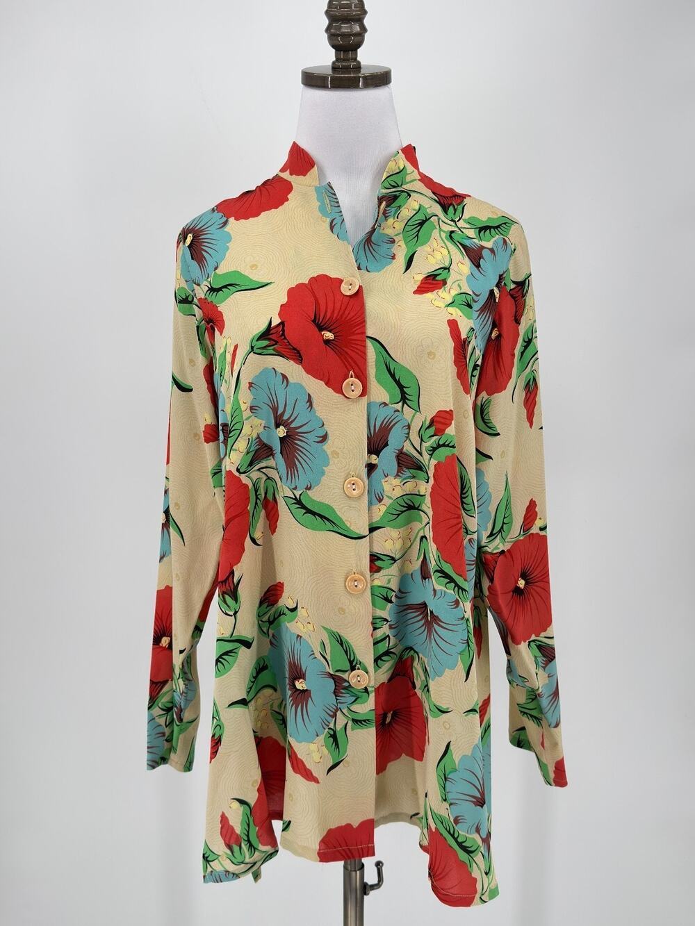 Harari Hibiscus Tropical Floral Artsy Silk Button Down Blouse Top Sz S NEW